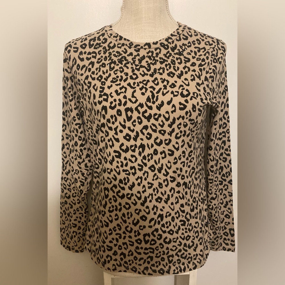 Leopard Print with Subtle Embellishments. Long Sleeve Women's Top - Beige/Black